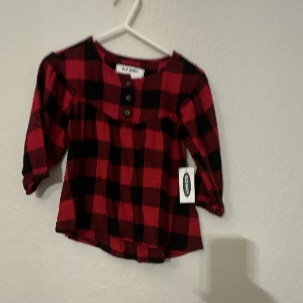 Old Navy Girls Plaid Tunic Top Red/Black Cotton 3/4 Sleeve Button 12-18M